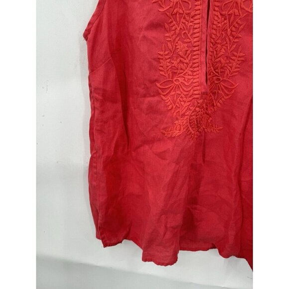 Elie Tahari Blouse Women Small Coral 100% Linen Embroidered Minimalist Coastal - Picture 7 of 9